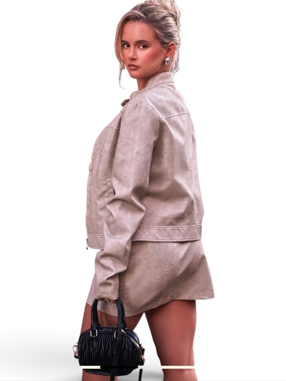 PRETTYLITTLETHING Stone Wadhed Faux Leather Seam Detail Mini Skirt - Size 2